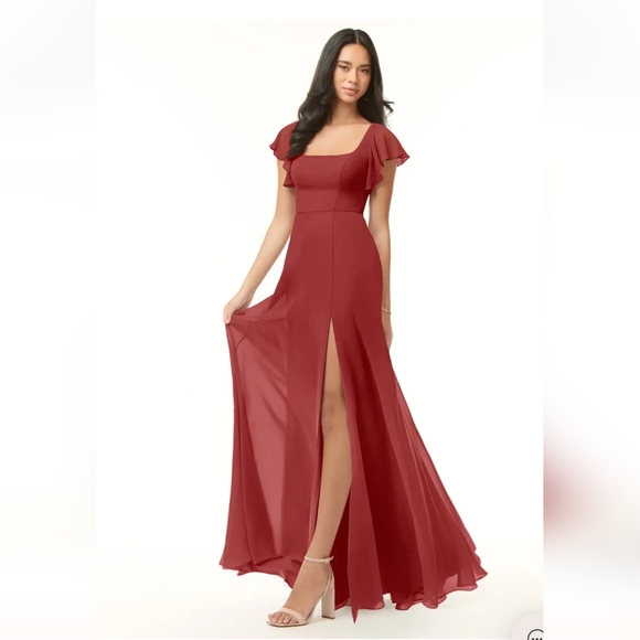 Azazie Burgundy Backless Dress with Ruffle Sleeves - Picture 1 of 10